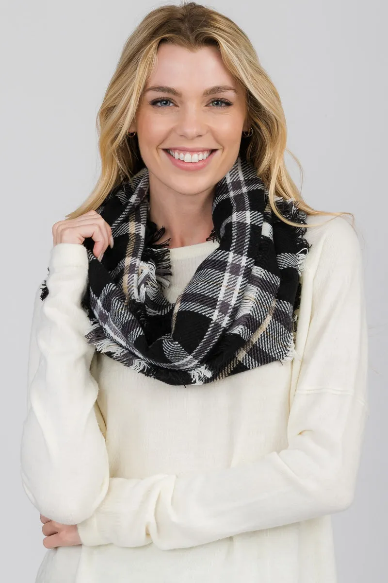 FRINGED PLAID INFINITY SCARF 3 ASSORTED COLORS/12PCS