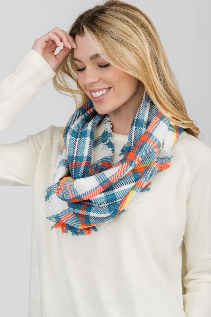 FRINGED PLAID INFINITY SCARF 3 ASSORTED COLORS/12PCS