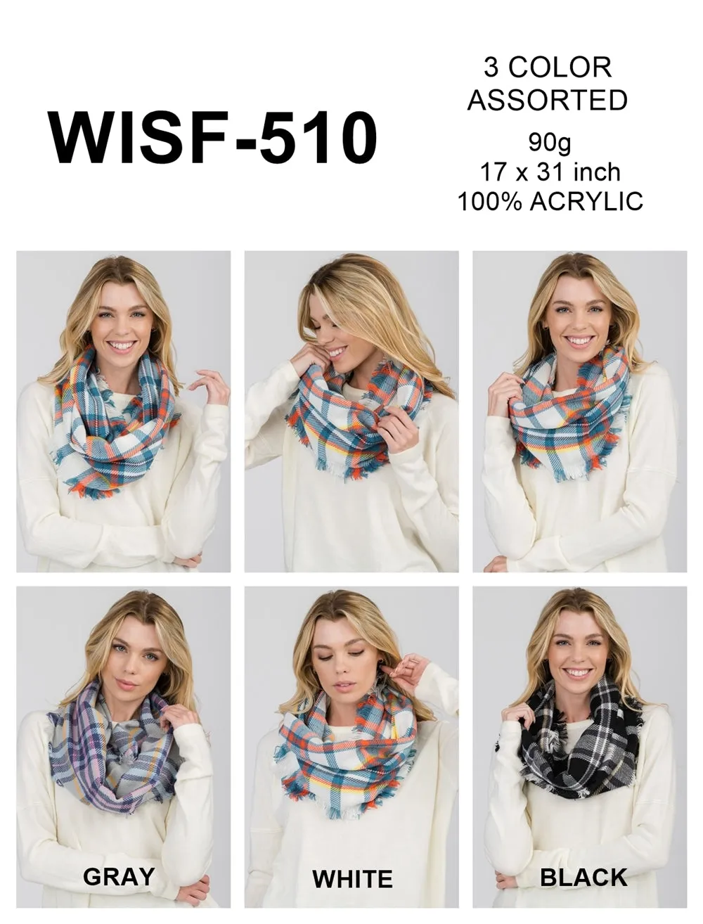 FRINGED PLAID INFINITY SCARF 3 ASSORTED COLORS/12PCS