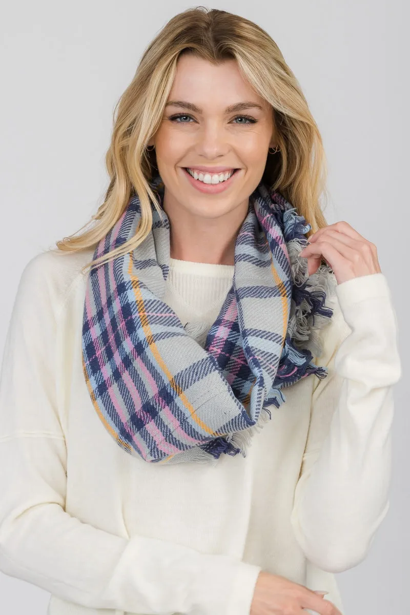 FRINGED PLAID INFINITY SCARF 3 ASSORTED COLORS/12PCS