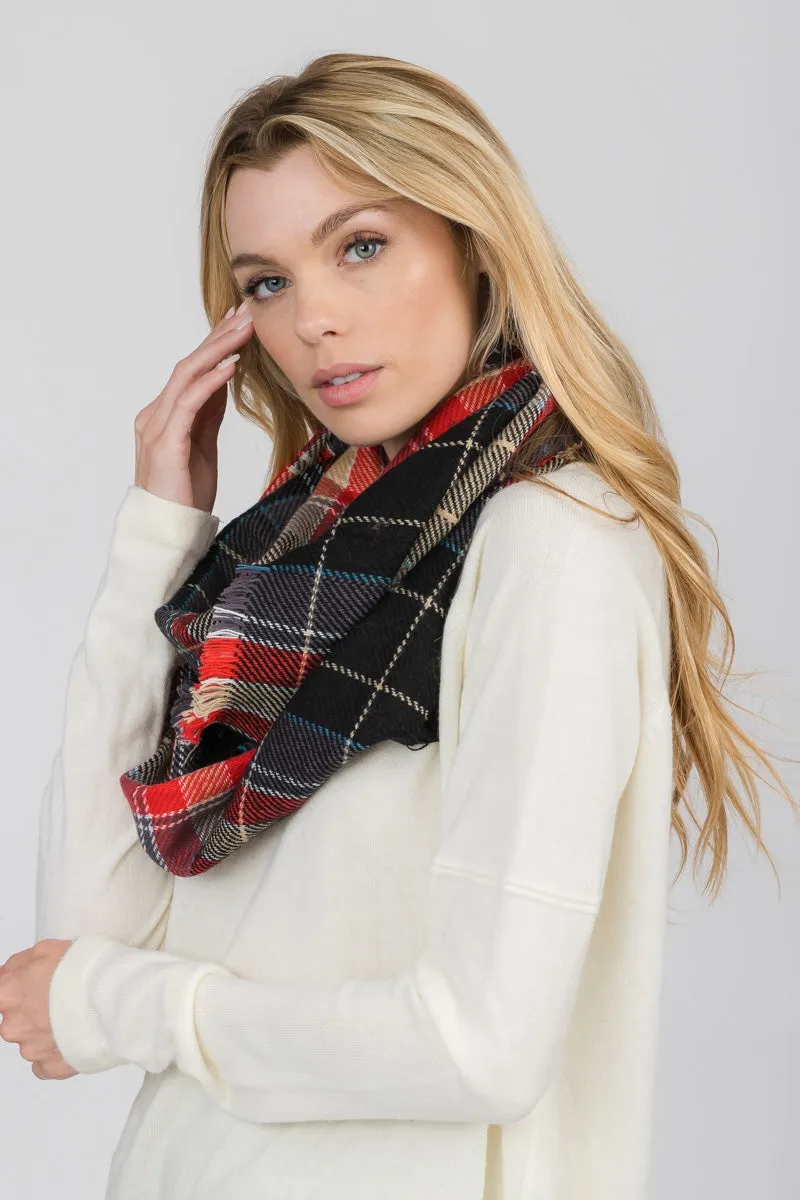 FRINGED PLAID INFINITY SCARF 6 ASSORTED COLORS/12PCS