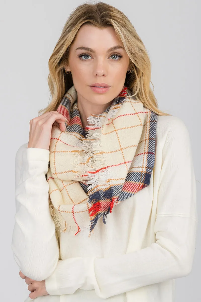 FRINGED PLAID INFINITY SCARF 6 ASSORTED COLORS/12PCS