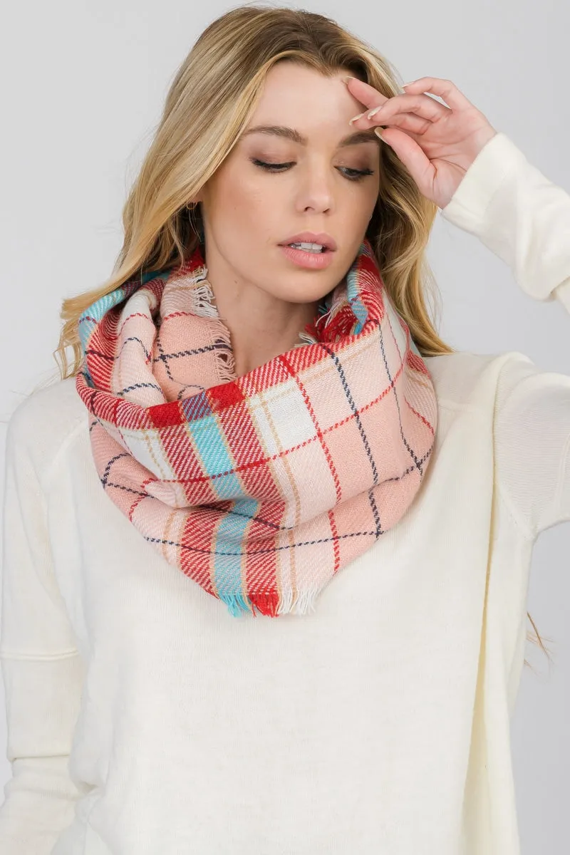 FRINGED PLAID INFINITY SCARF 6 ASSORTED COLORS/12PCS