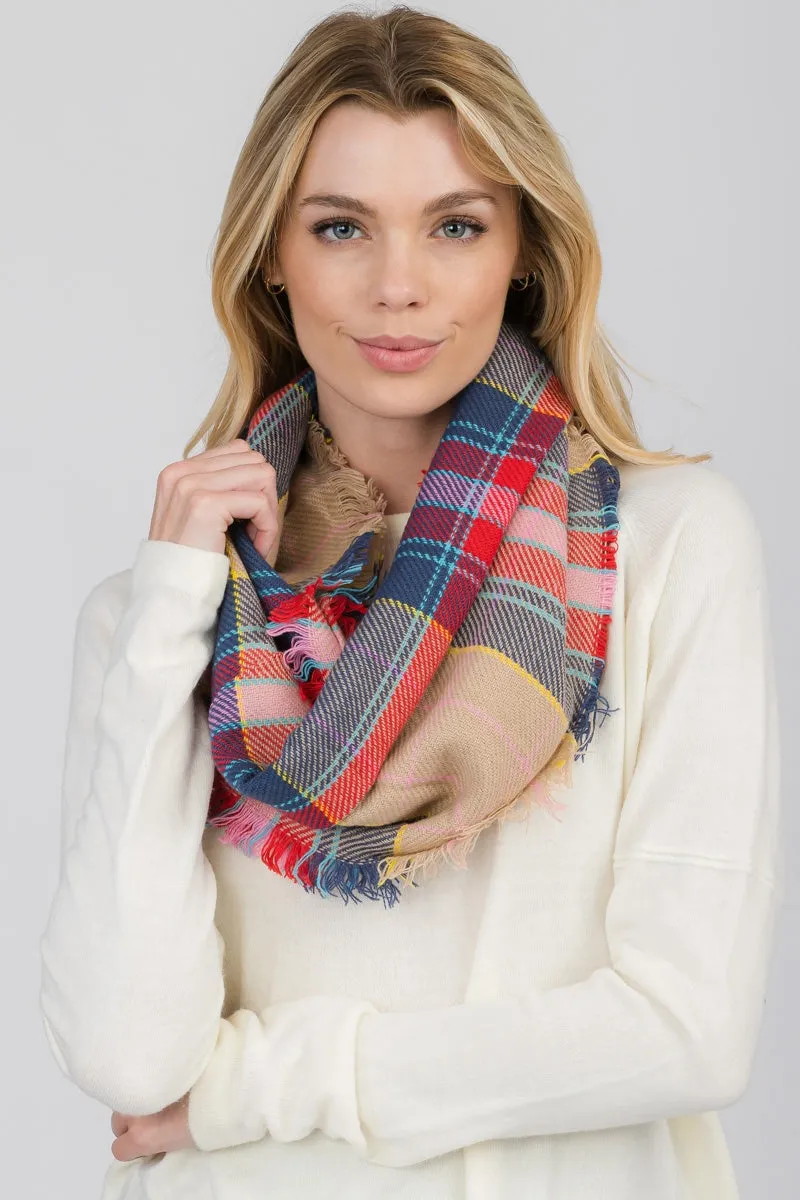 FRINGED PLAID INFINITY SCARF 6 ASSORTED COLORS/12PCS