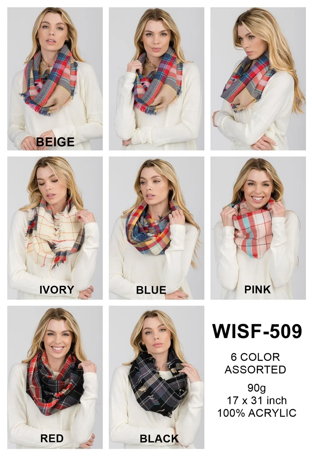 FRINGED PLAID INFINITY SCARF 6 ASSORTED COLORS/12PCS