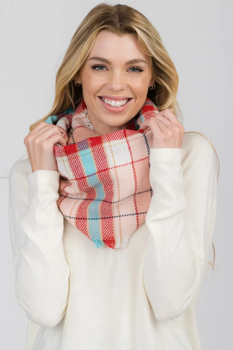 FRINGED PLAID INFINITY SCARF 6 ASSORTED COLORS/12PCS