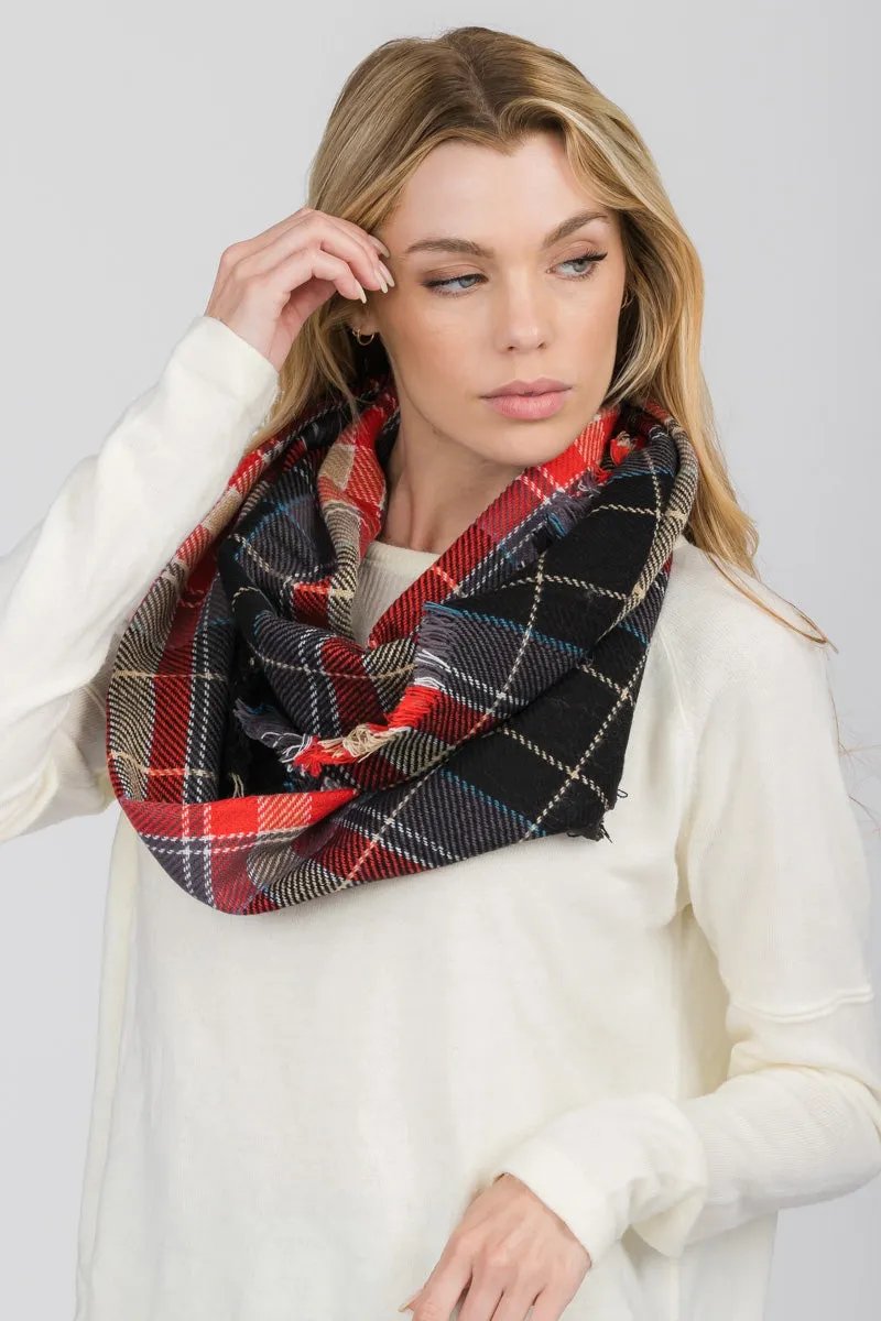 FRINGED PLAID INFINITY SCARF 6 ASSORTED COLORS/12PCS