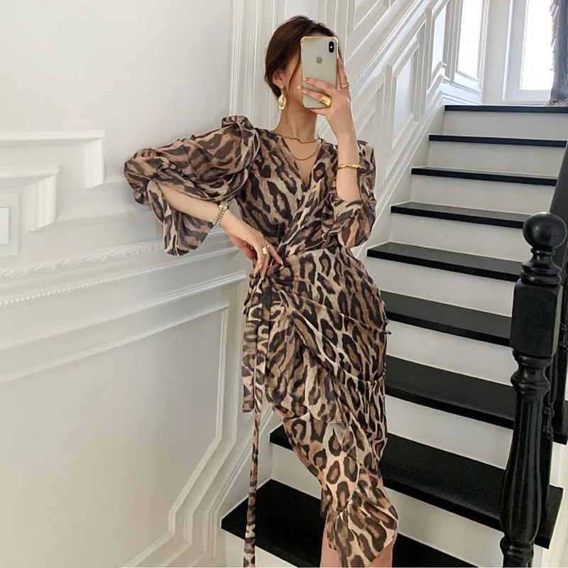 Graduation gift Women's Spring Summer Leopard Print Irregular Midi Dress Long Sleeve Sexy Casual Bodycon Vestidos Female Fashion Elegant Clothes