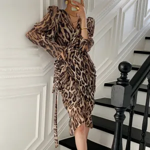 Graduation gift Women's Spring Summer Leopard Print Irregular Midi Dress Long Sleeve Sexy Casual Bodycon Vestidos Female Fashion Elegant Clothes