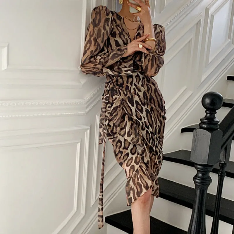 Graduation gift Women's Spring Summer Leopard Print Irregular Midi Dress Long Sleeve Sexy Casual Bodycon Vestidos Female Fashion Elegant Clothes