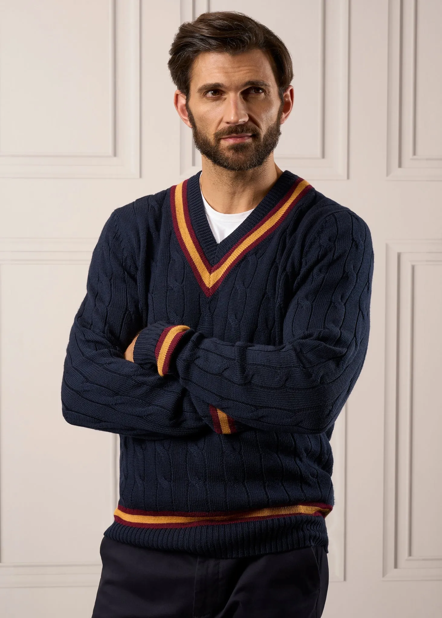 Grafton Men's Merino Wool Cable Cricket Jumper In  Dark Navy & Gold - Regular Fit