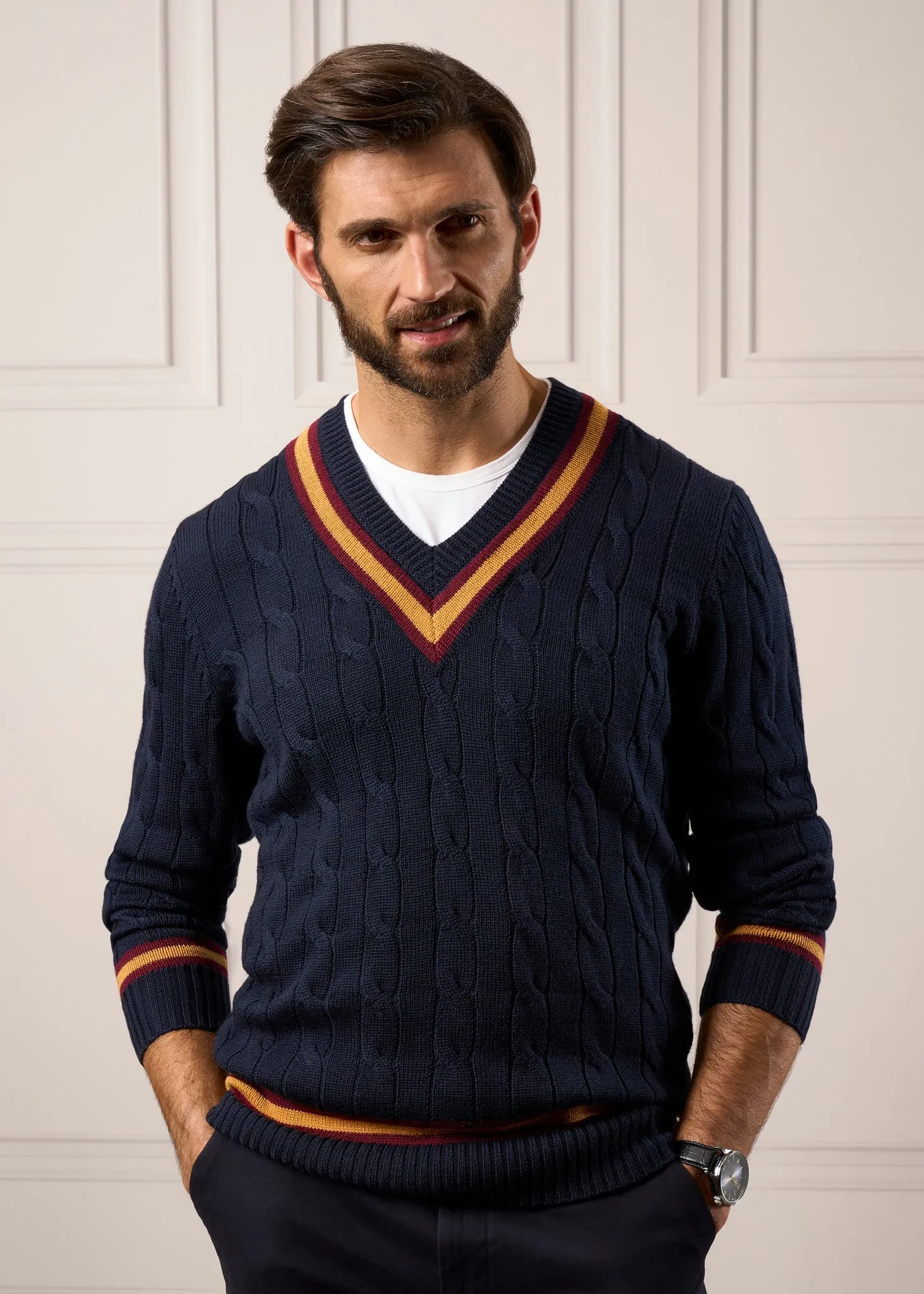 Grafton Men's Merino Wool Cable Cricket Jumper In  Dark Navy & Gold - Regular Fit