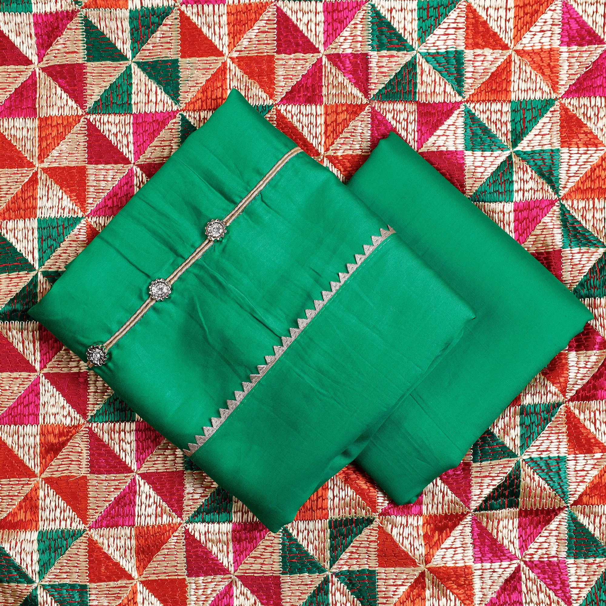 Green - 3pc Phulkari Embroidery Glazed Cotton Suit Material Set with Chinon Dupatta 07