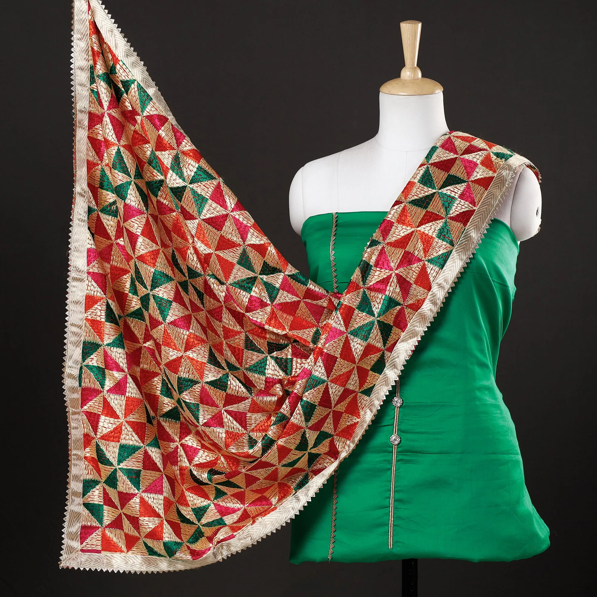 Green - 3pc Phulkari Embroidery Glazed Cotton Suit Material Set with Chinon Dupatta 07