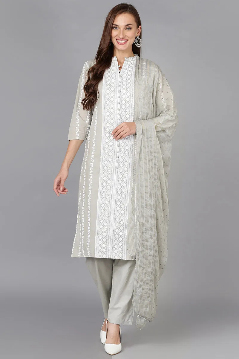 Grey & White Silk Blend Ethnic Motifs Straight Suit Set