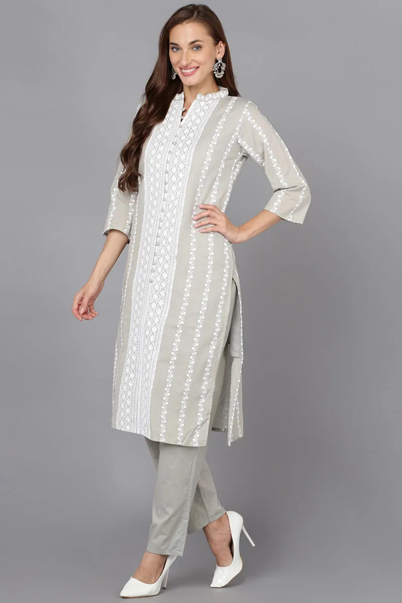 Grey & White Silk Blend Ethnic Motifs Straight Suit Set