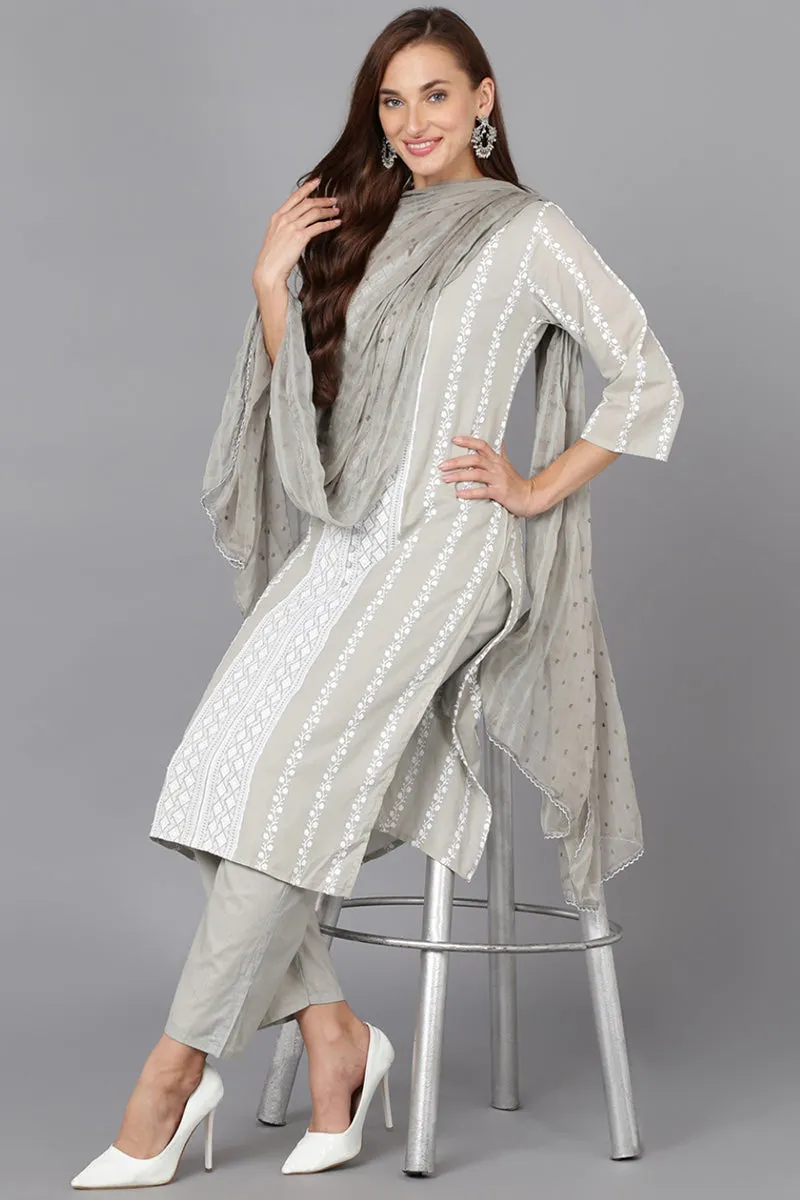 Grey & White Silk Blend Ethnic Motifs Straight Suit Set