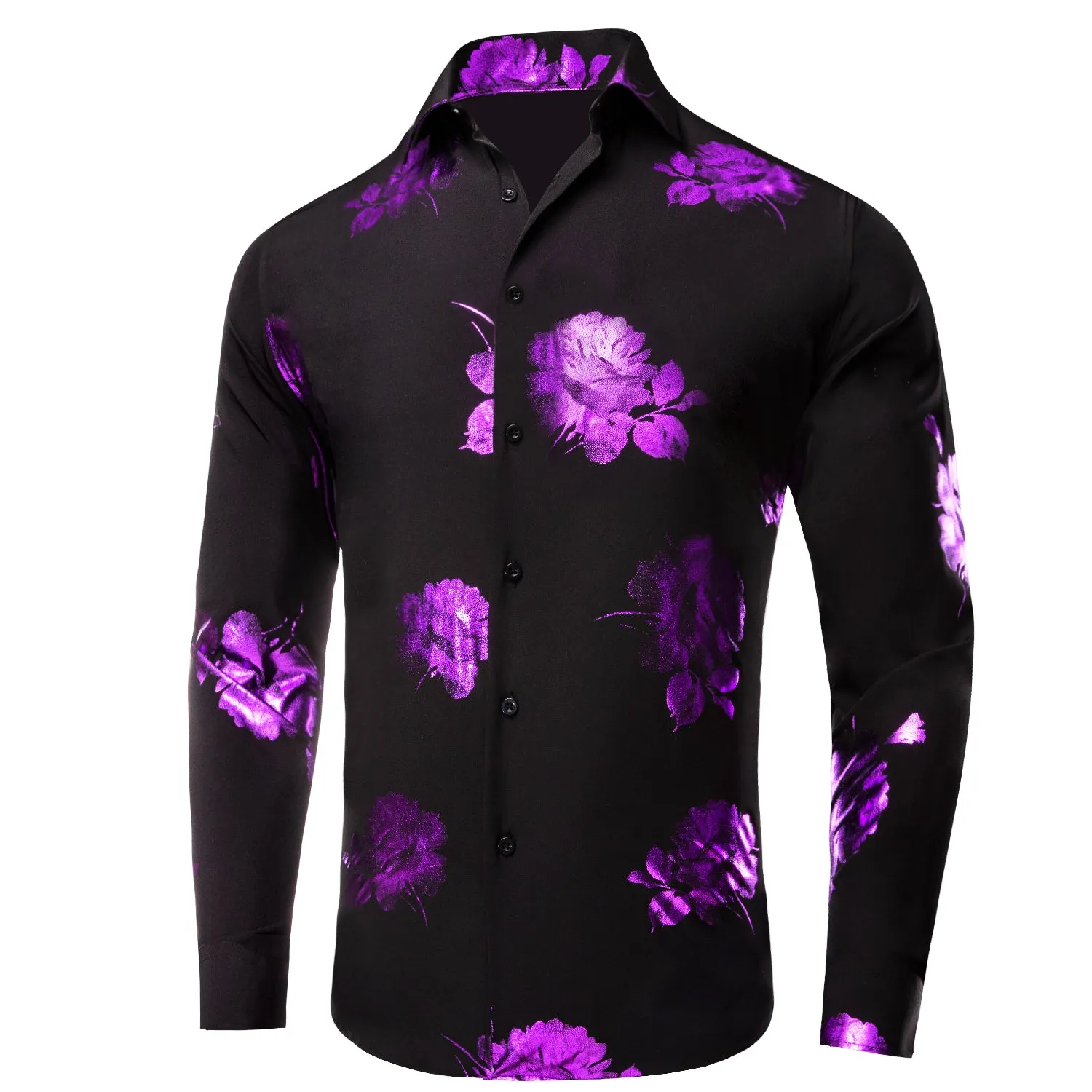 HI-Tie Black Dinner Shirt Purple Floral Silk Men's Long Sleeve Shirts