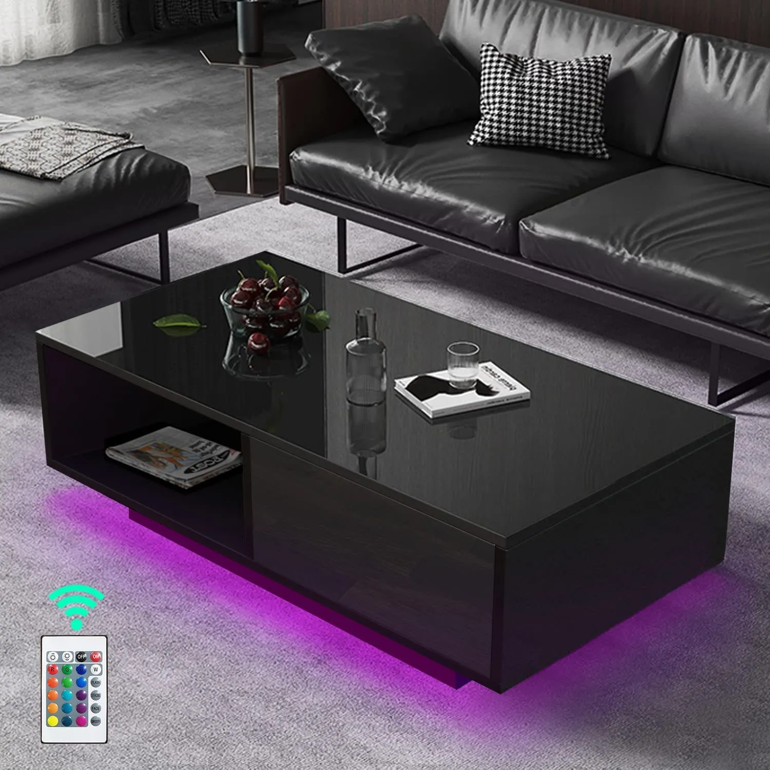 High Gloss Coffee Table with 16 Colors LED Lights,