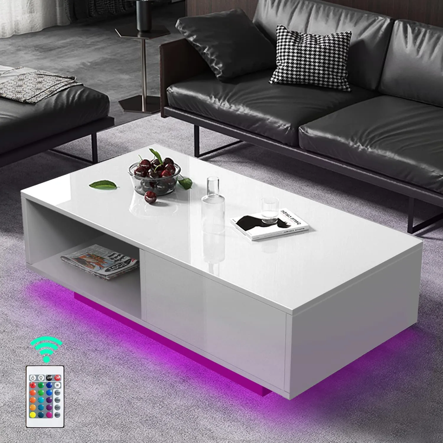 High Gloss Coffee Table with 16 Colors LED Lights,