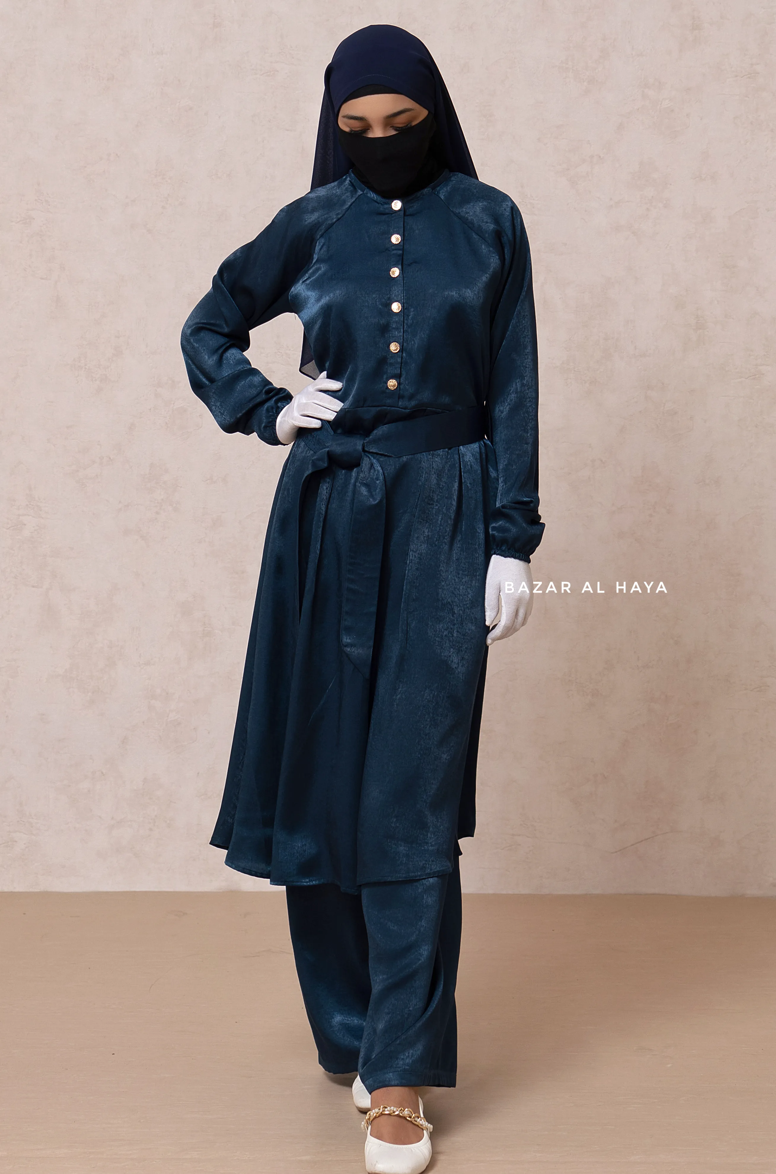 Inaya 2 Dark Blue Three Piece Top Dress & Pants Set With Belt- Loose Fit - Textured Satin