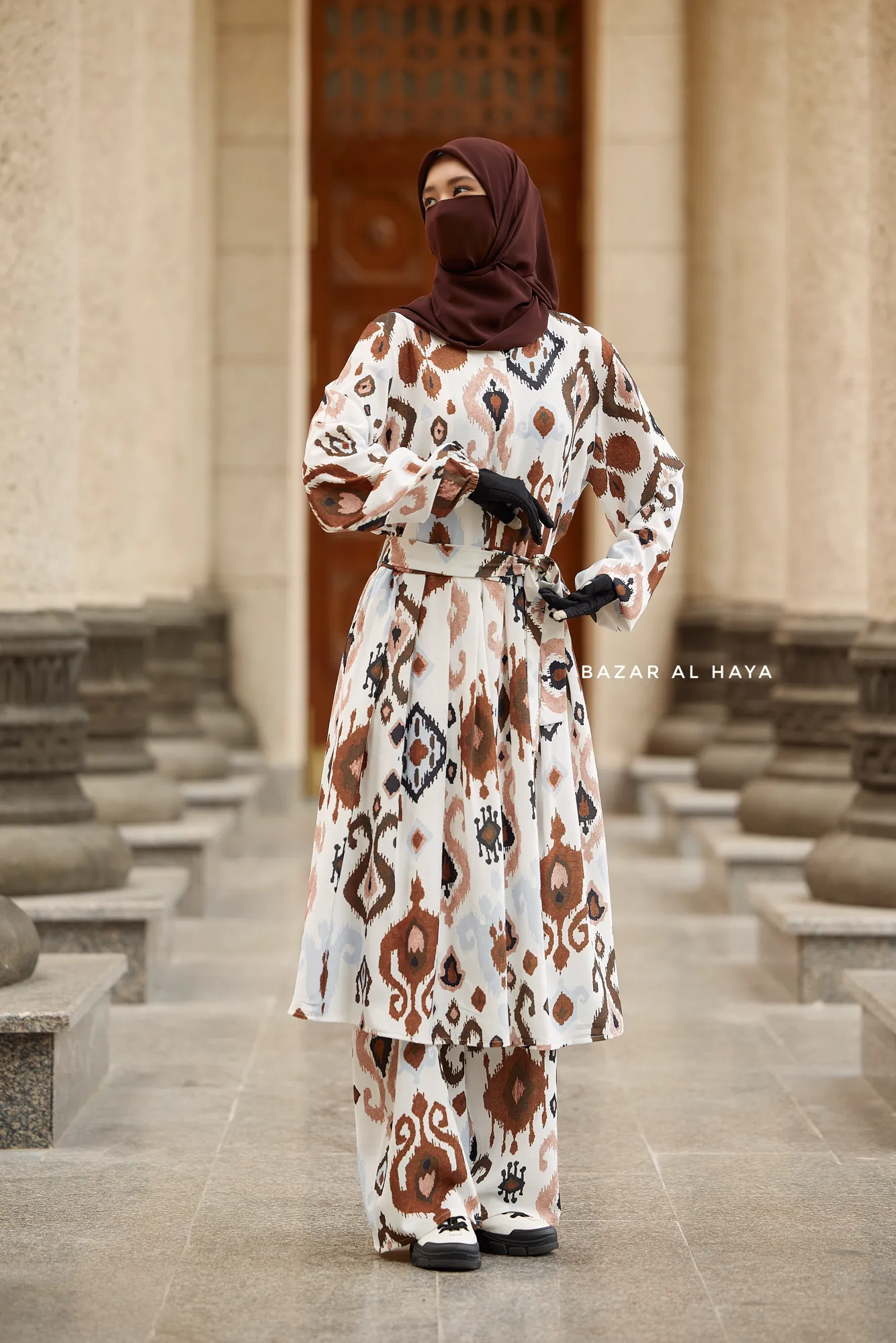 Inaya Brown & White Print Three Piece Top Dress & Wide Pants Set With Belt