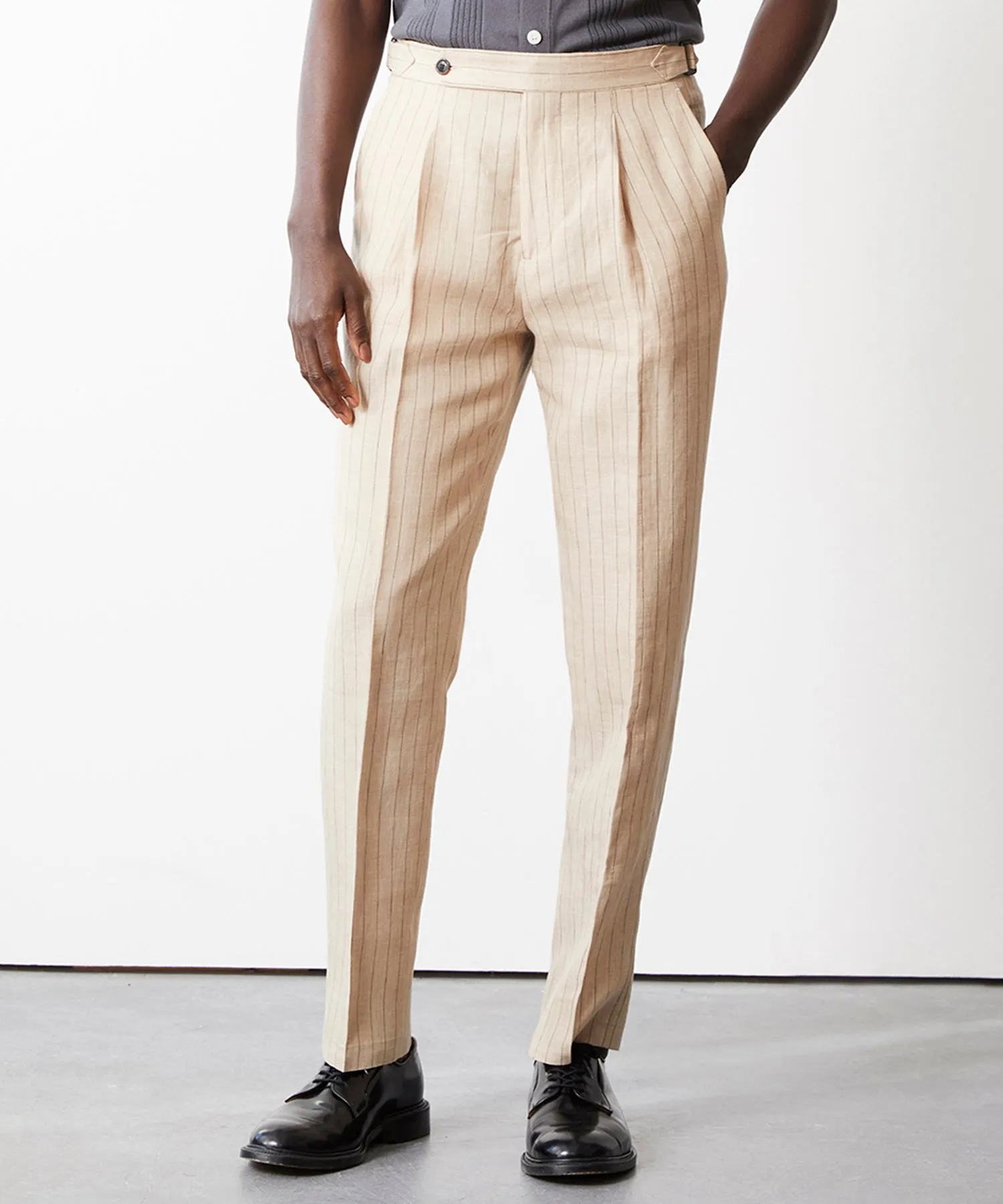 Italian Linen Side Tab Trouser in Ecru Stripe