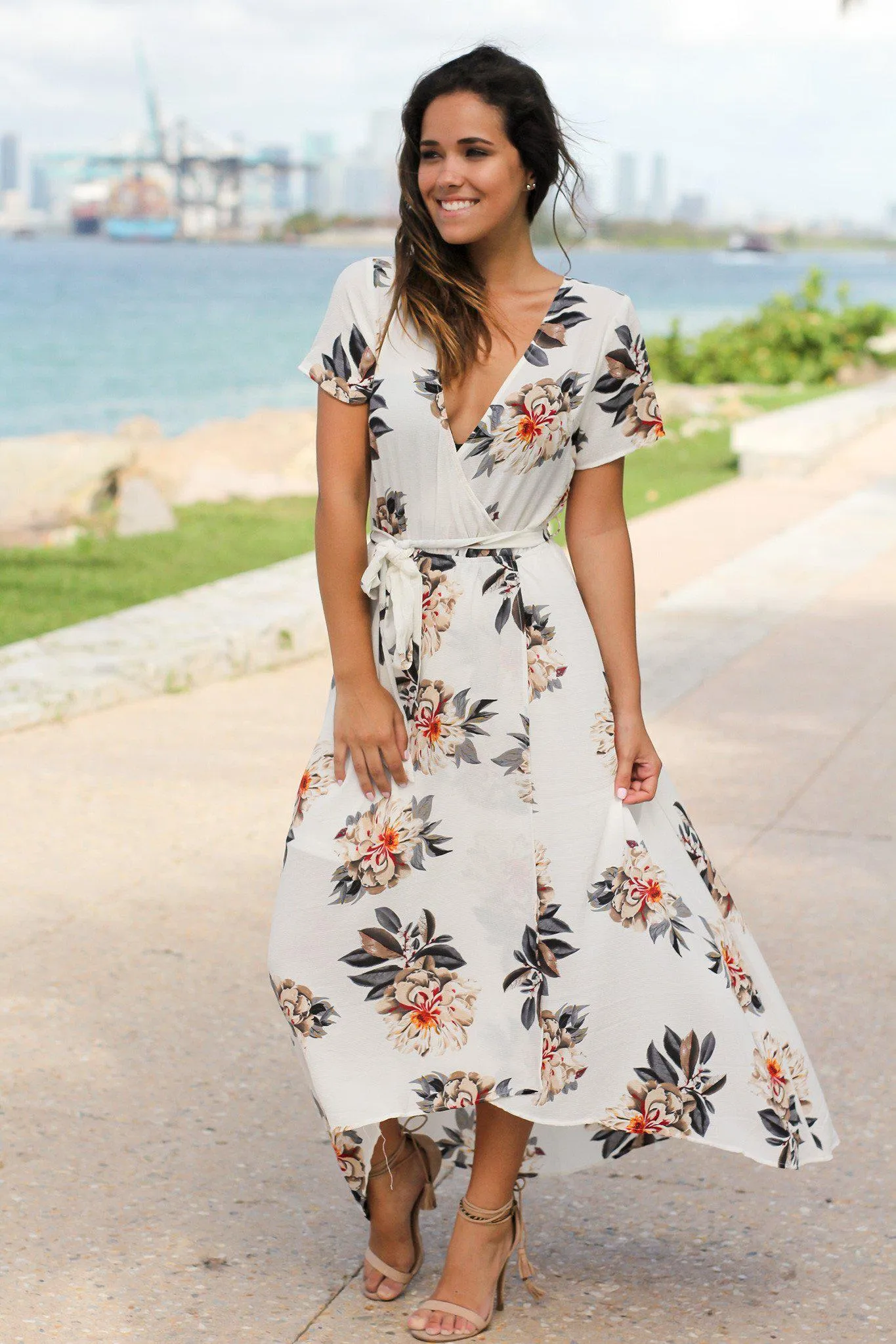 Ivory Floral High Low Wrap Dress