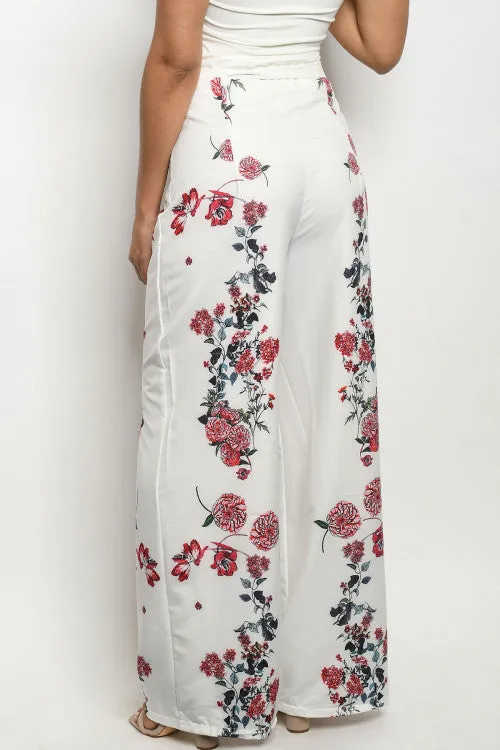 Ivory White Floral Wide Leg Pants