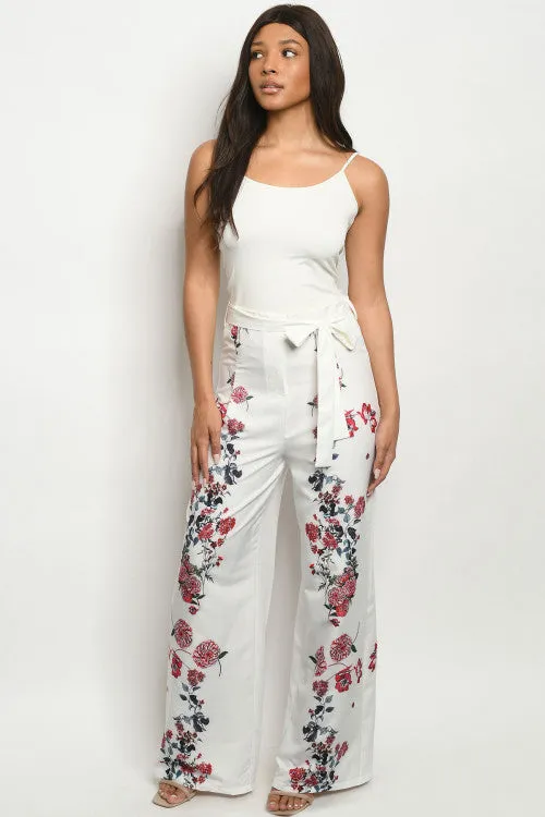 Ivory White Floral Wide Leg Pants