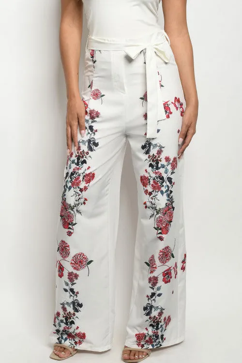 Ivory White Floral Wide Leg Pants