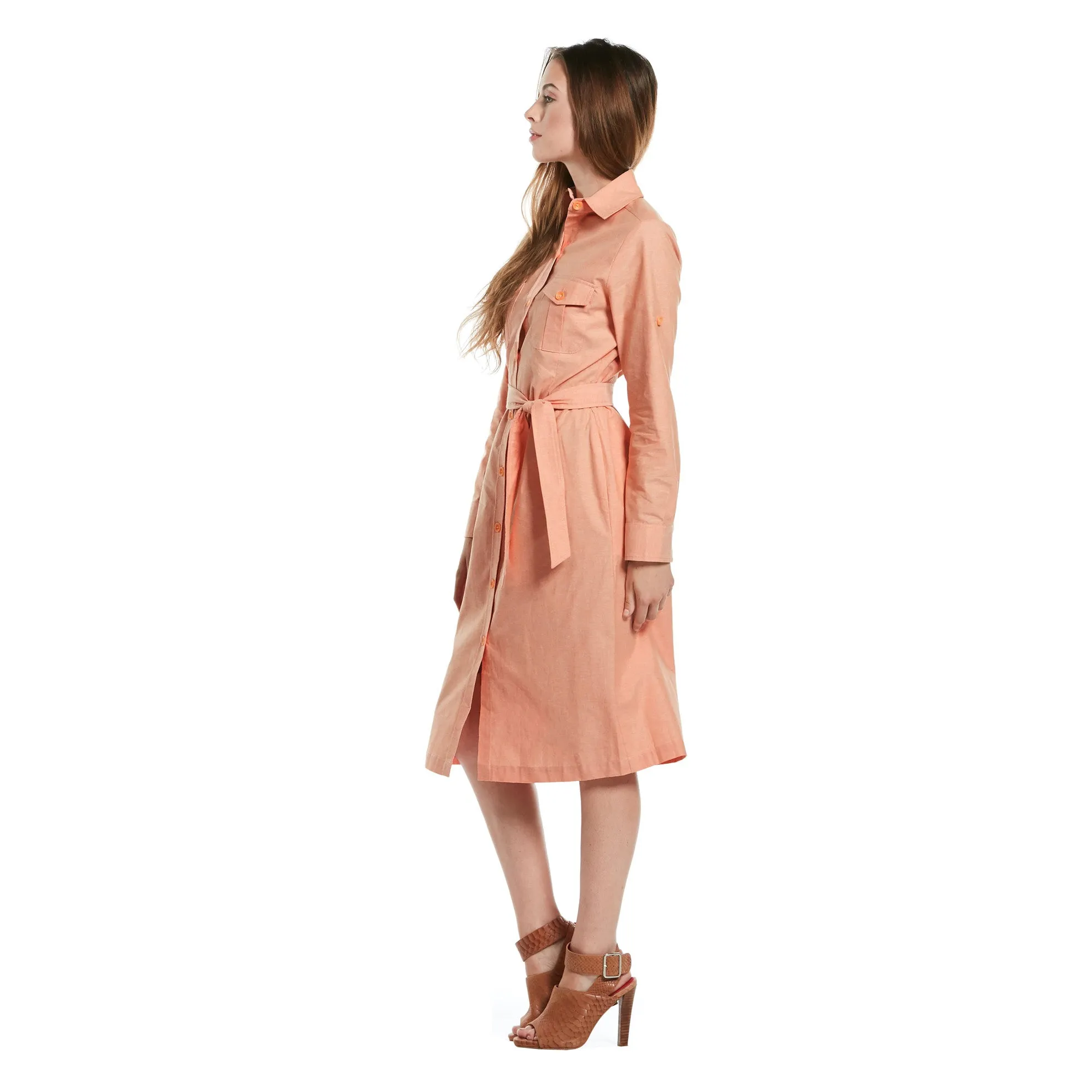 J. Peterman Women's Chambray Cotton Belted Shirtdress in Pumpkin