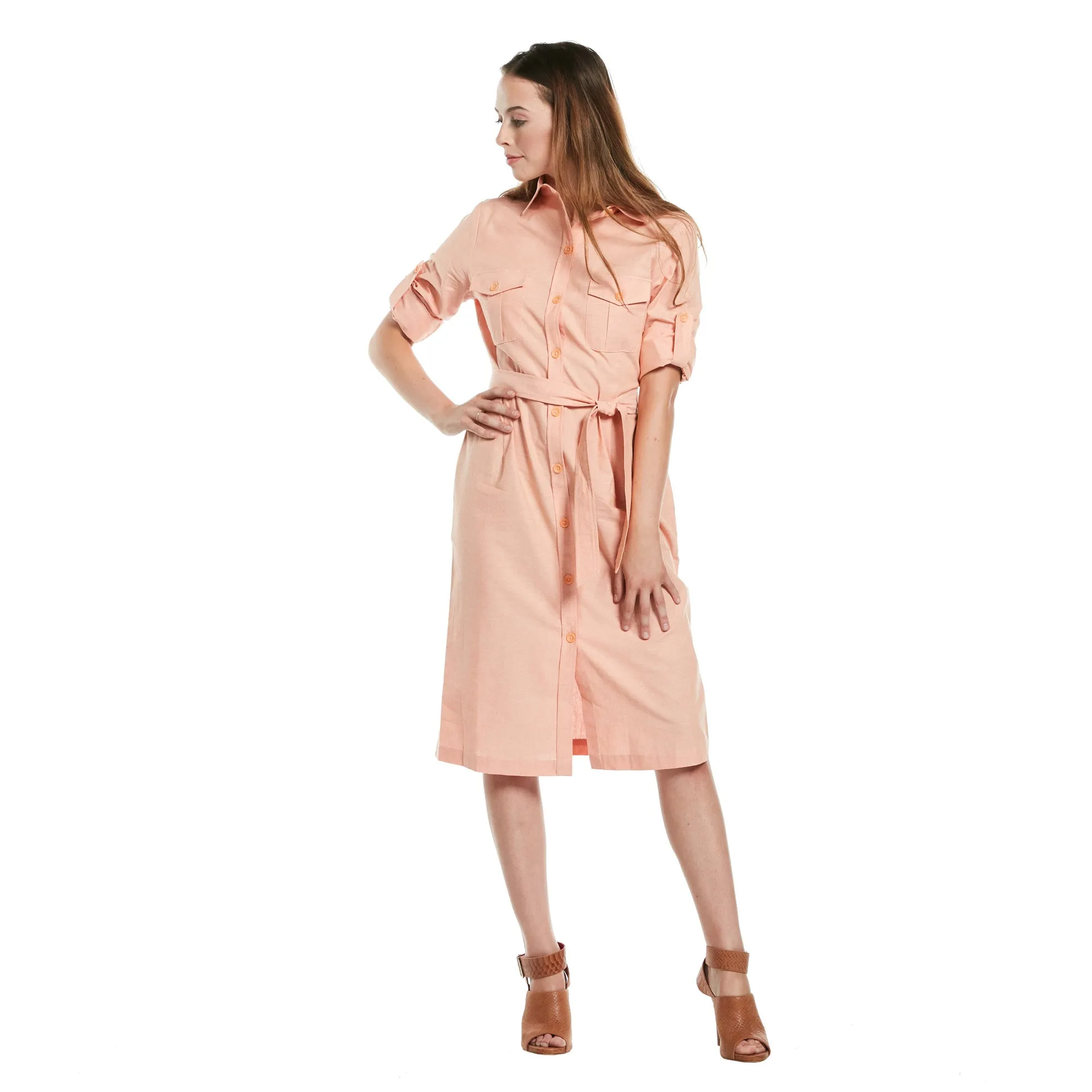 J. Peterman Women's Chambray Cotton Belted Shirtdress in Pumpkin