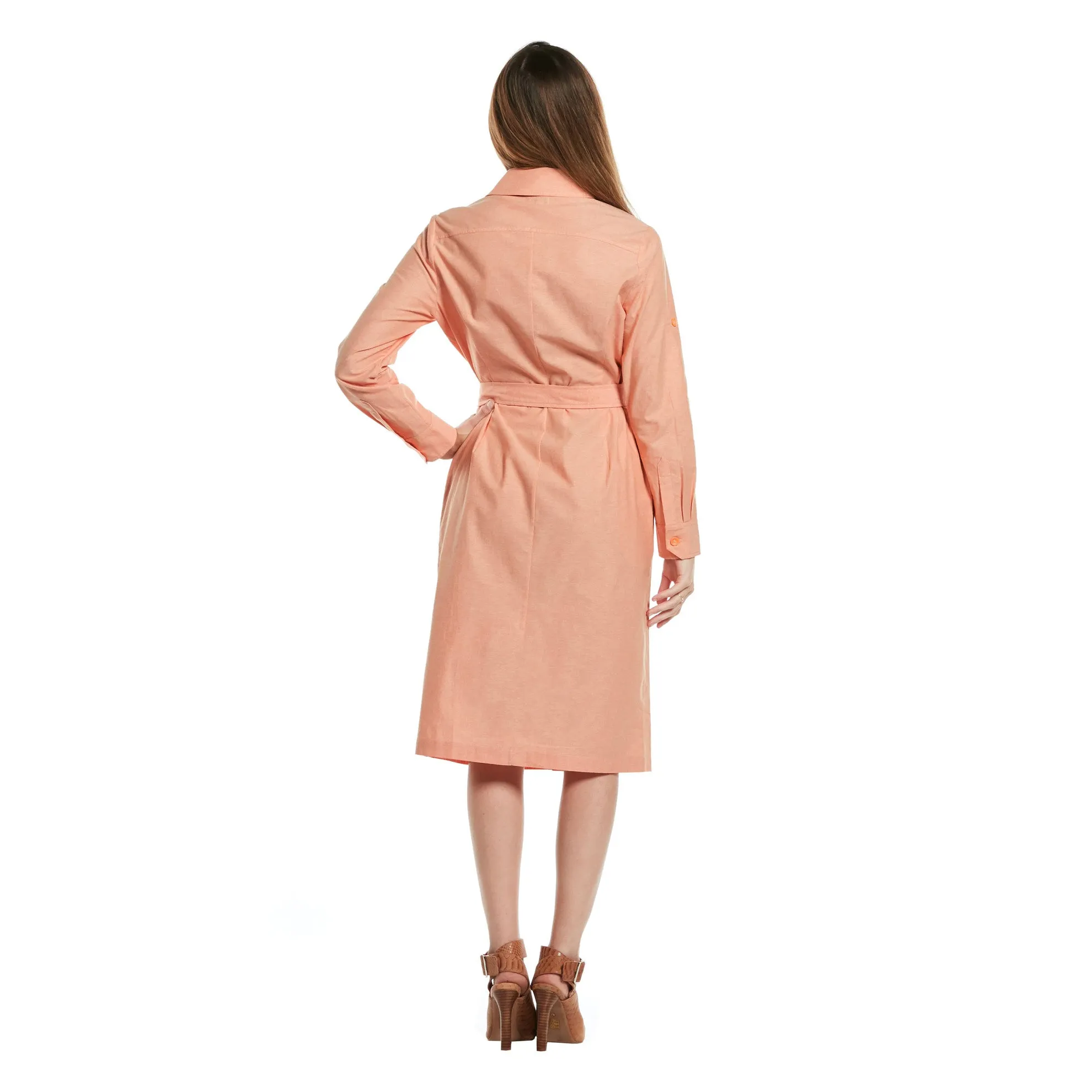 J. Peterman Women's Chambray Cotton Belted Shirtdress in Pumpkin