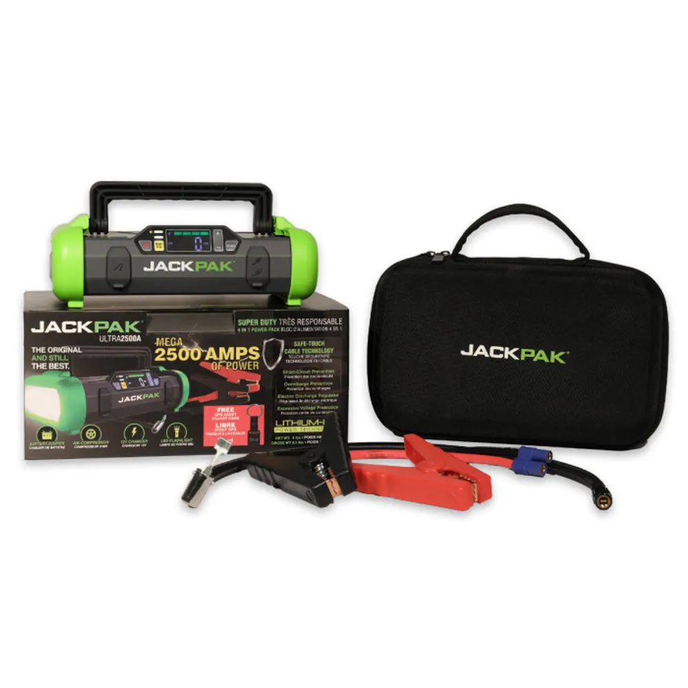 JackPak Ultra2500A 4-in-1, Jump Starter, Air Compressor, LED Flashlight, and Charger