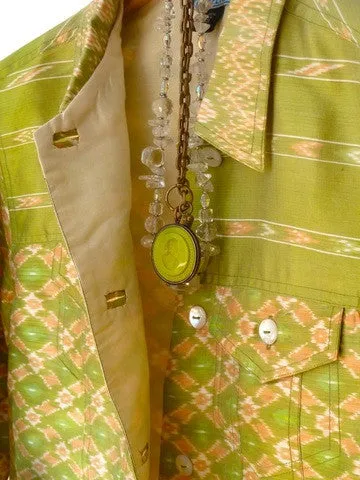 Jean Jacket Silk Ikat Mother Of Pearl Peridot Ivory