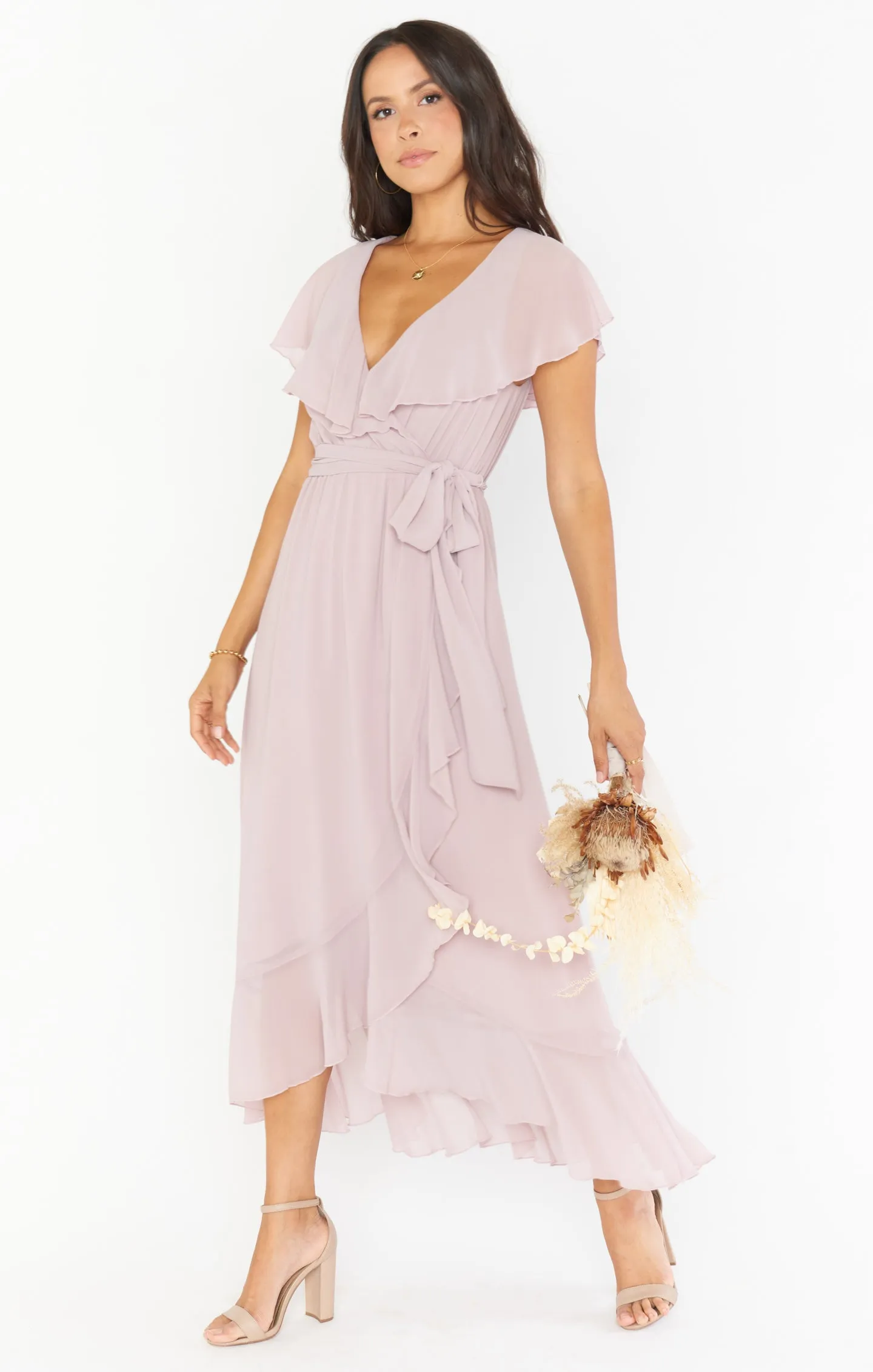 Jess Ruffle Midi Dress ~ Neutral Mauve Chiffon