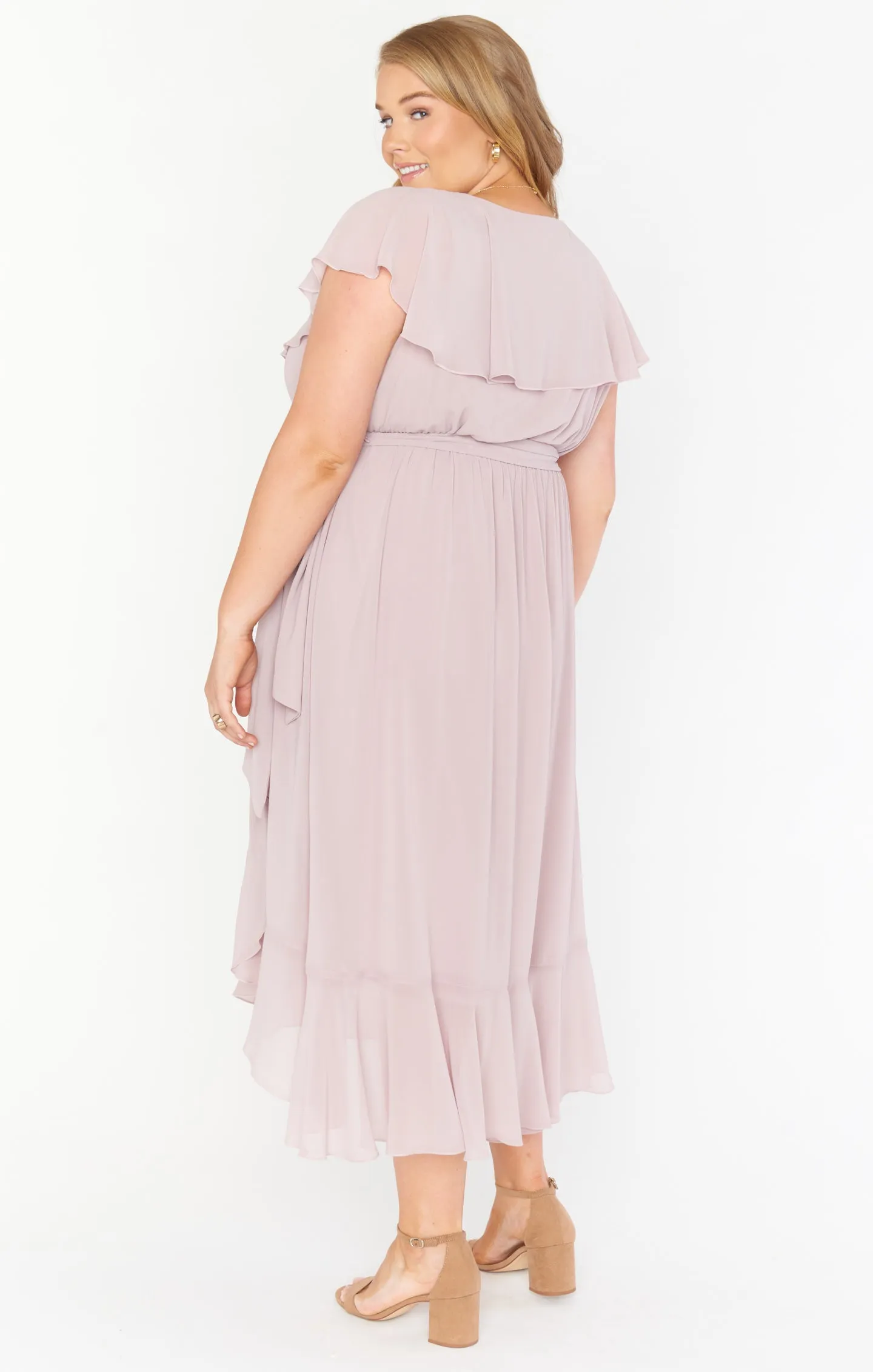 Jess Ruffle Midi Dress ~ Neutral Mauve Chiffon