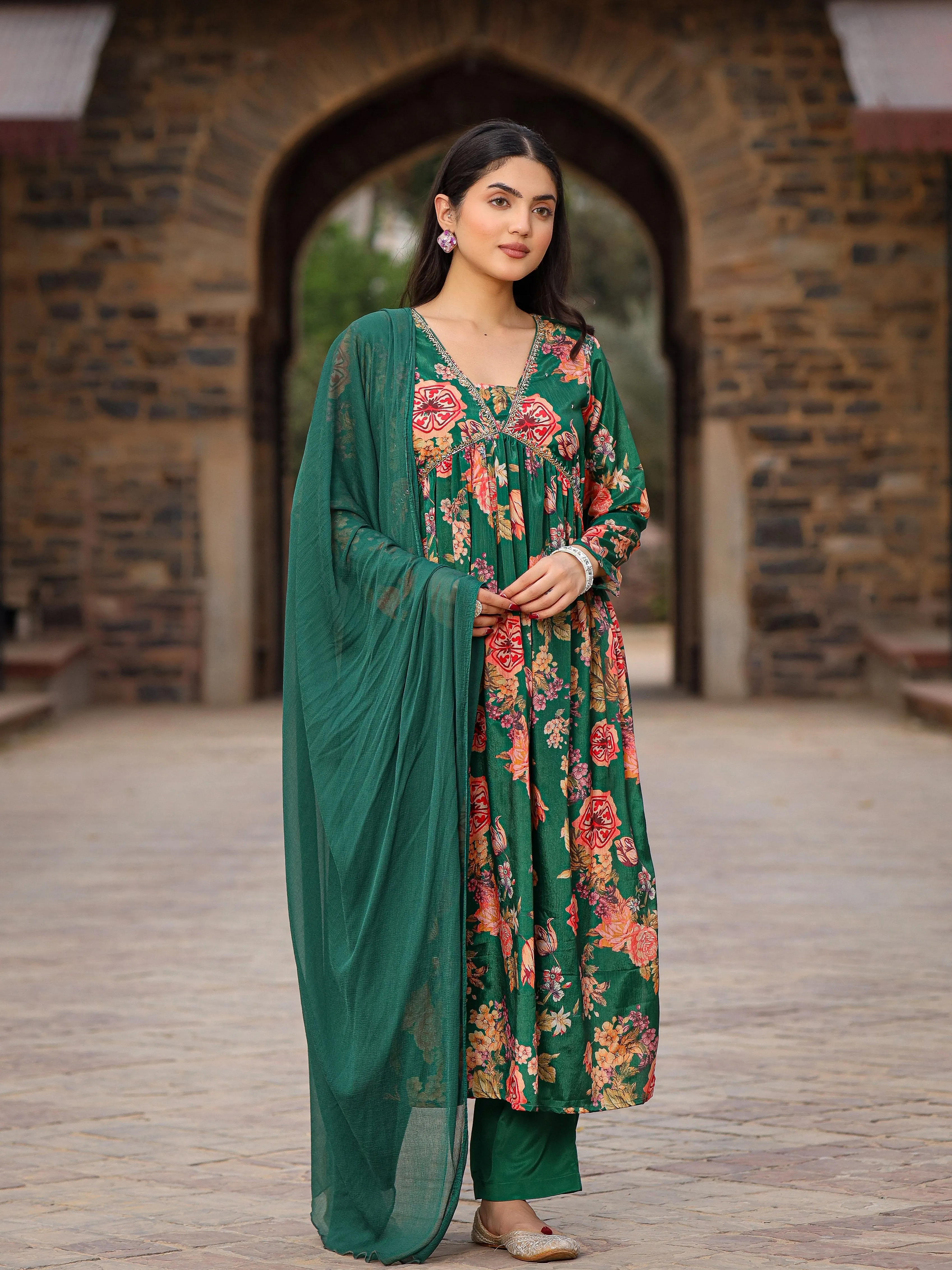 Juniper Green Floral Printed Poly Chinnon Kurta Pants & Dupatta Set With Mirror Work Embroidery