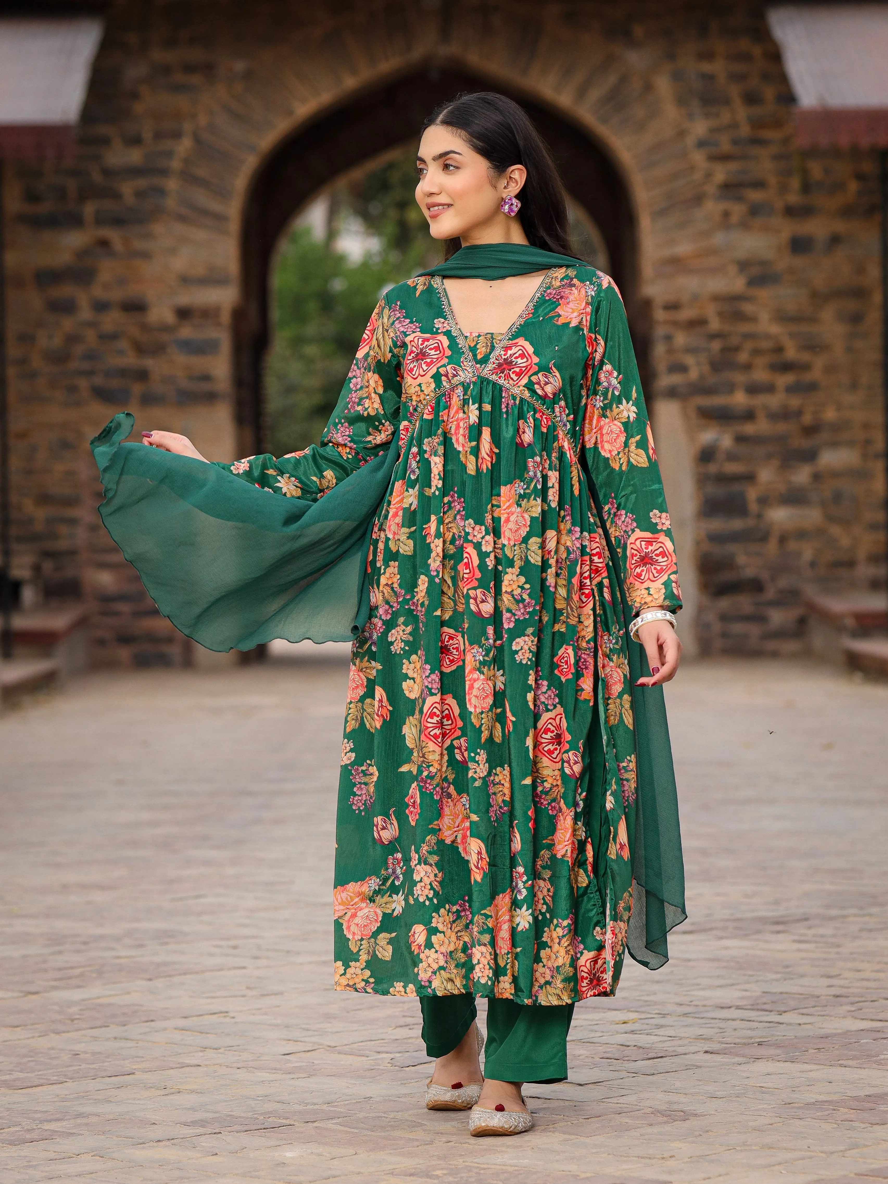 Juniper Green Floral Printed Poly Chinnon Kurta Pants & Dupatta Set With Mirror Work Embroidery