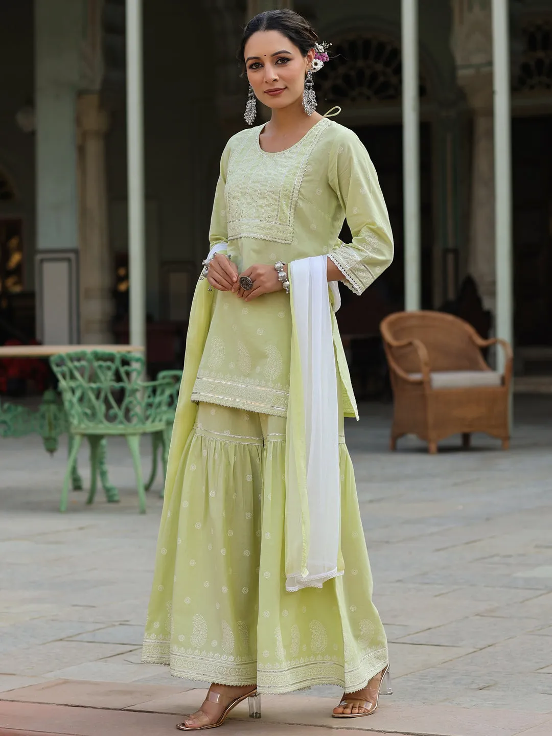 Juniper Lime Green Ethnic Motif Print Pure Cotton Lacy Kurta Sharara & Dupatta Set With Beads & Sequins Work