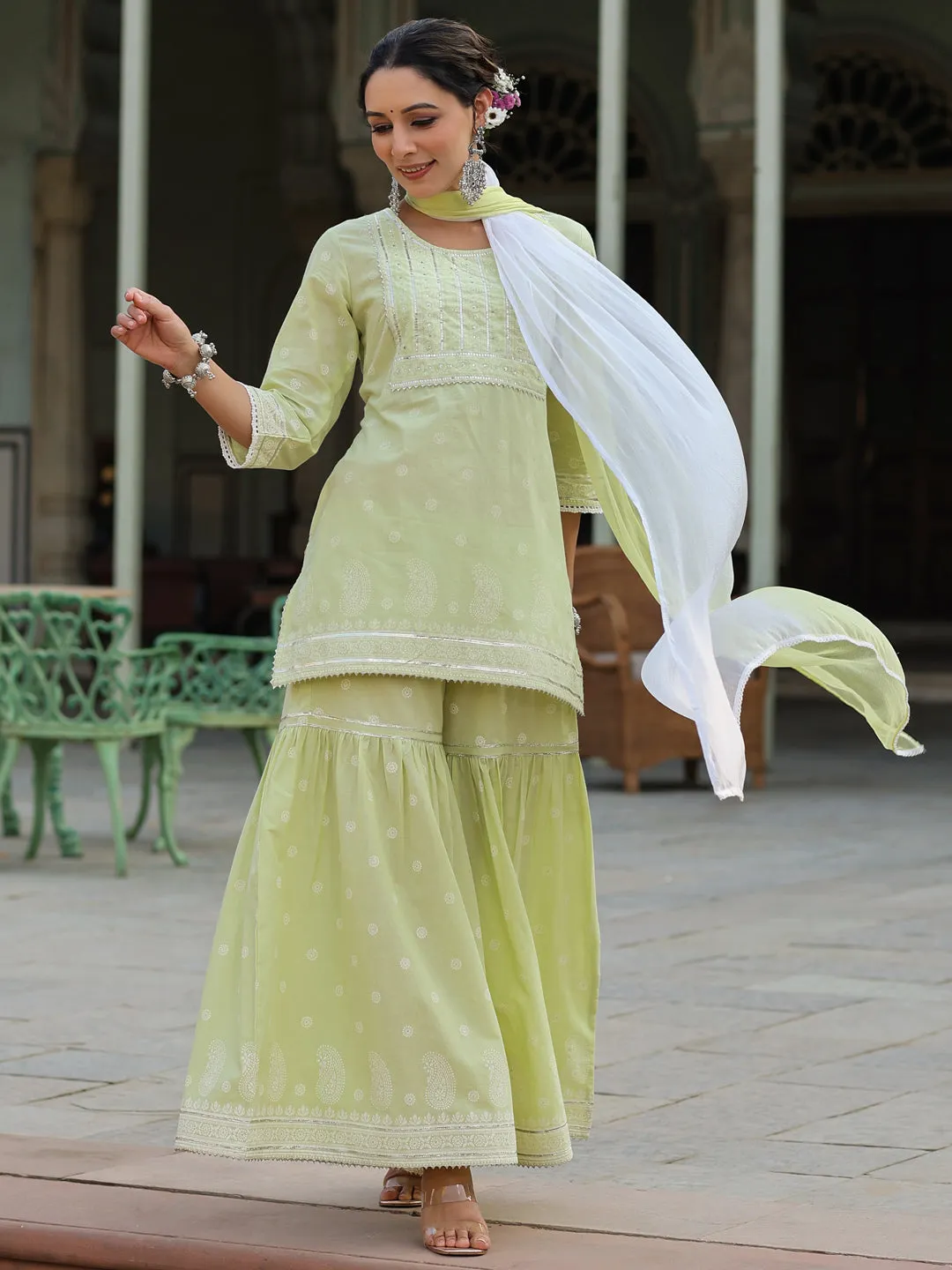 Juniper Lime Green Ethnic Motif Print Pure Cotton Lacy Kurta Sharara & Dupatta Set With Beads & Sequins Work