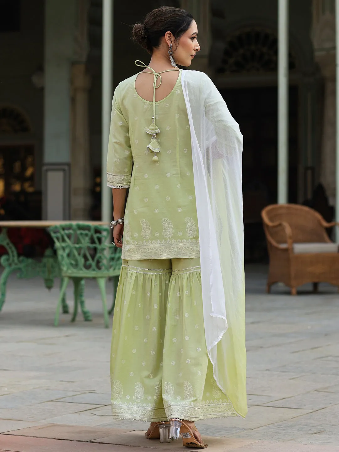 Juniper Lime Green Ethnic Motif Print Pure Cotton Lacy Kurta Sharara & Dupatta Set With Beads & Sequins Work