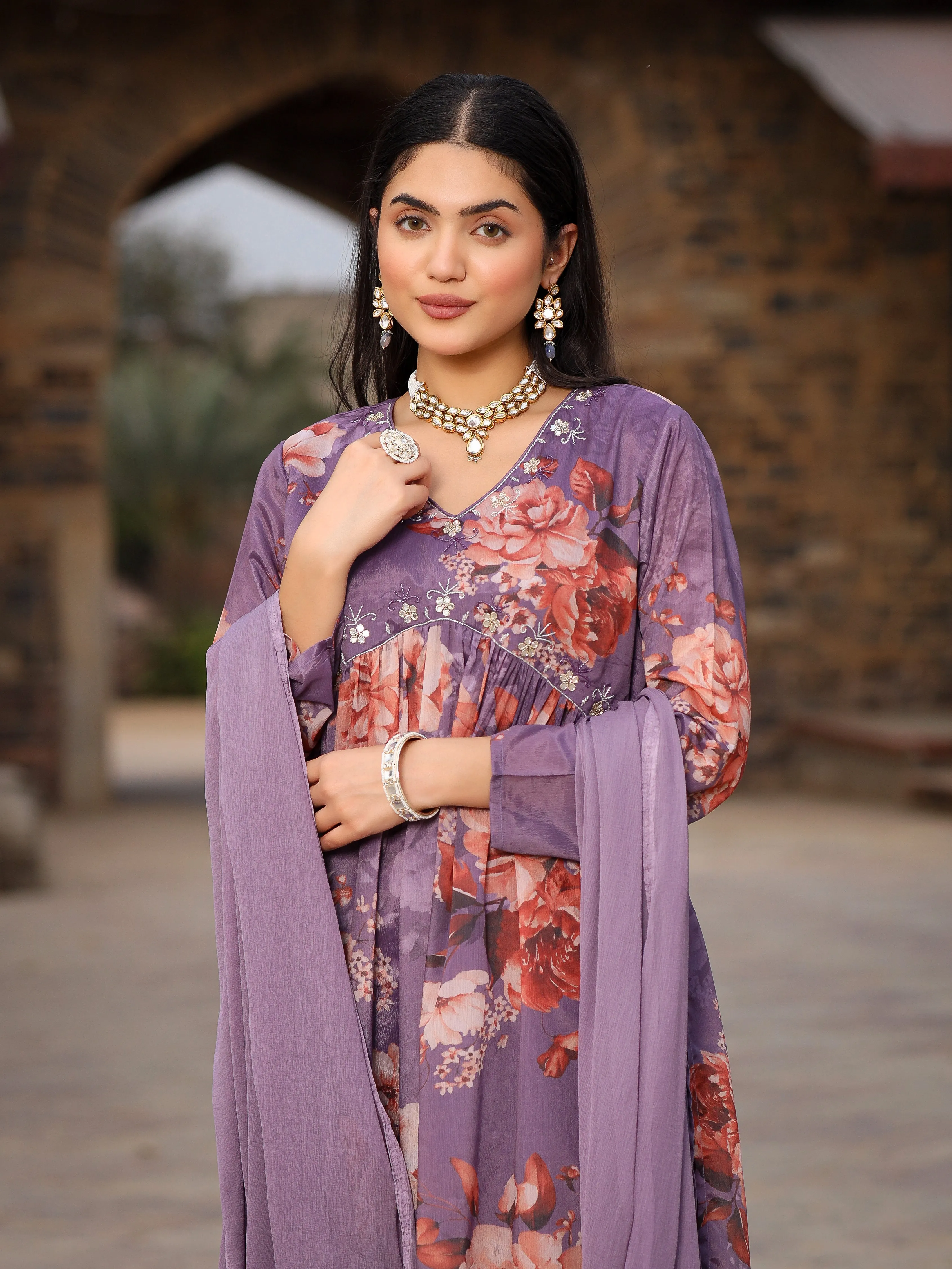 Juniper Mauve Floral Printed Poly Chinnon Kurta Pants & Dupatta Set With Mirror Work Embroidery