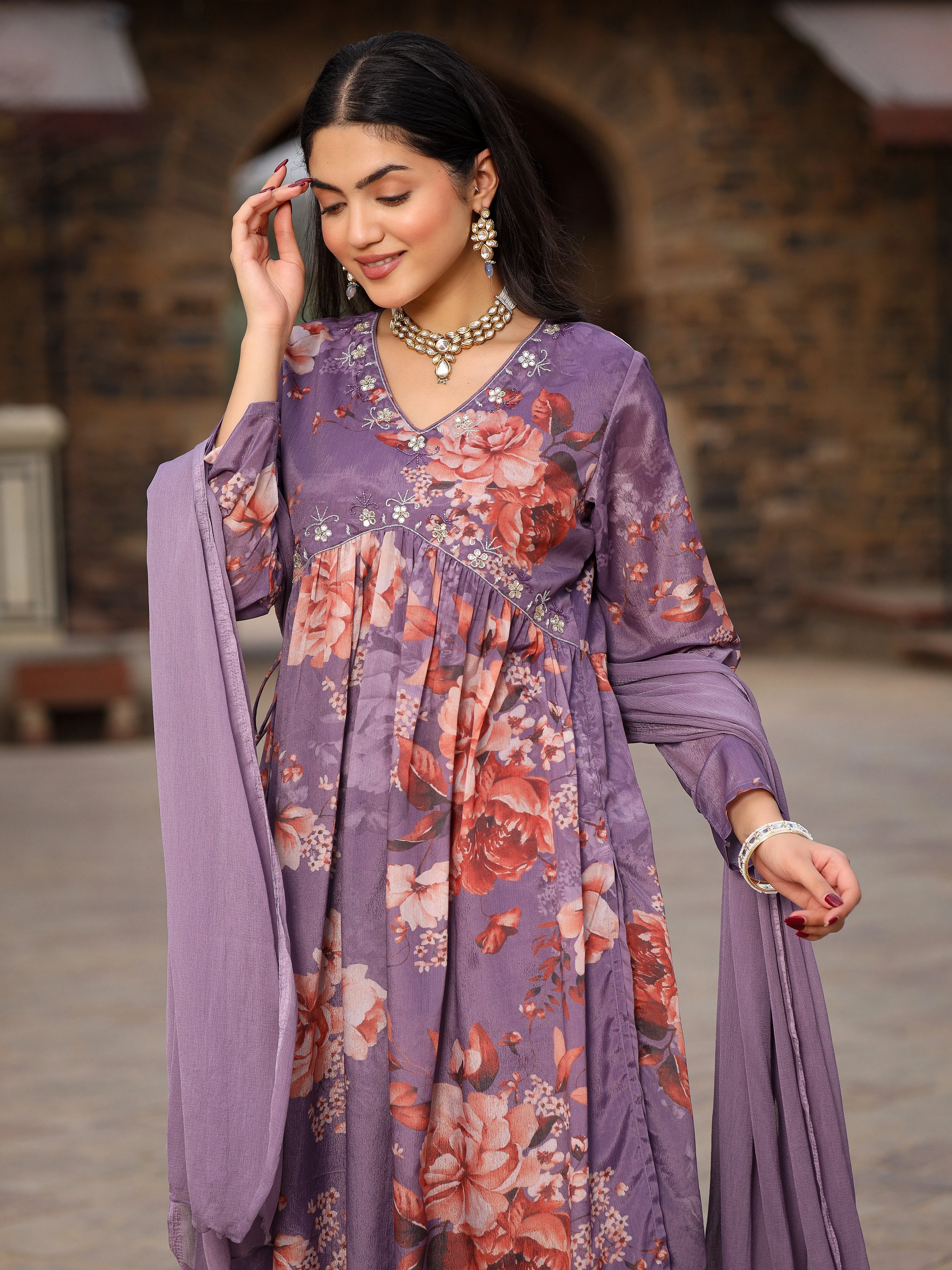 Juniper Mauve Floral Printed Poly Chinnon Kurta Pants & Dupatta Set With Mirror Work Embroidery