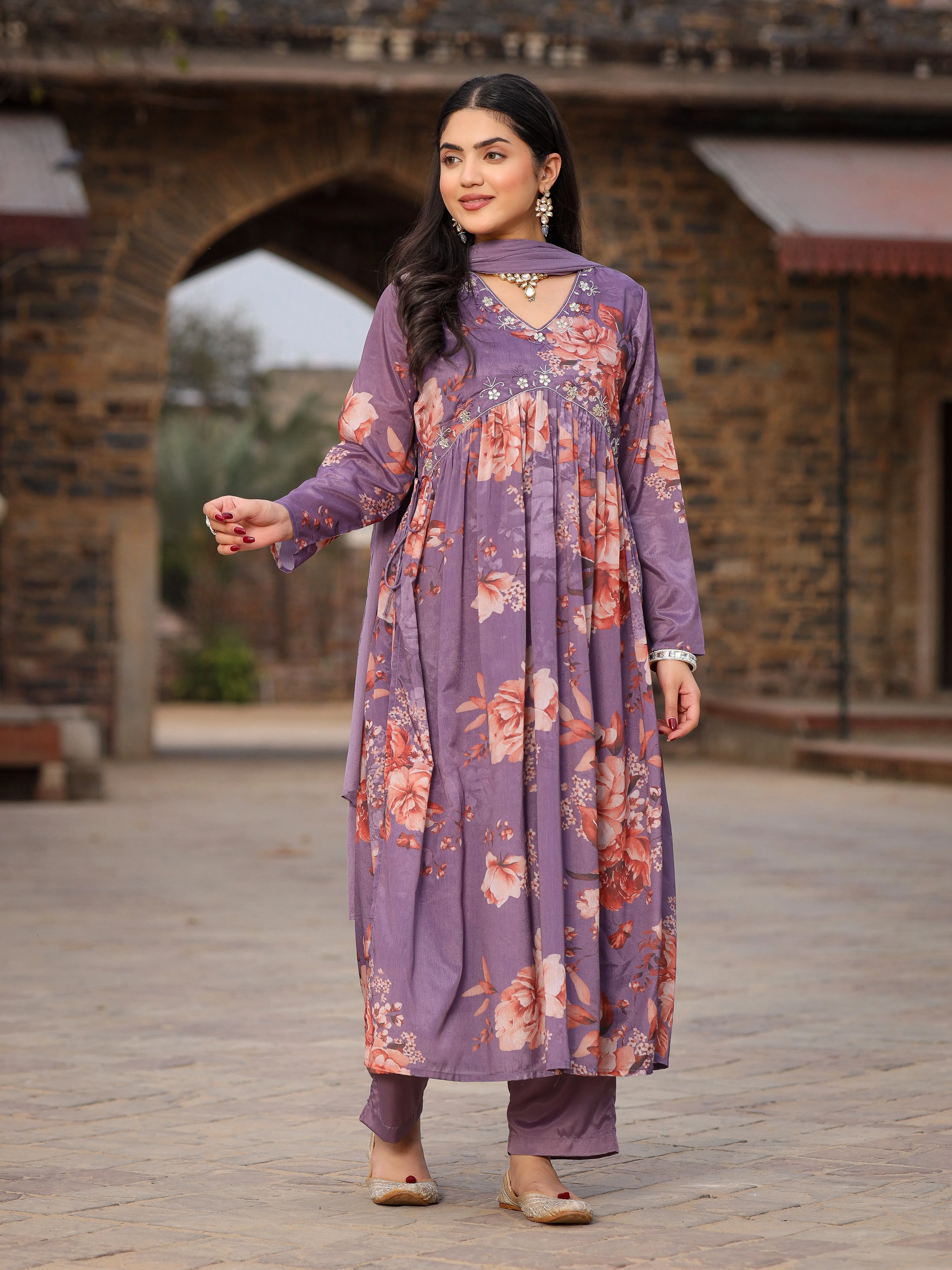 Juniper Mauve Floral Printed Poly Chinnon Kurta Pants & Dupatta Set With Mirror Work Embroidery