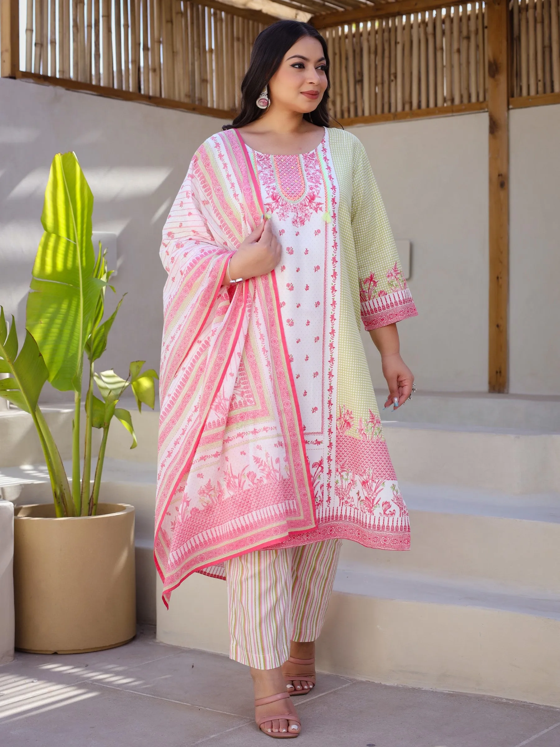 Juniper Multi-Colored Floral Printed & Stripped Rayon Plus Size Kurta Pants & Dupatta Set With Beads & Sequins (3-Pcs)