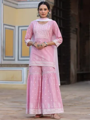 Juniper Pink Ethnic Motif Printed Pure Cotton Lacy Kurta Sharara & Dupatta Set With Beads & Sequins Work