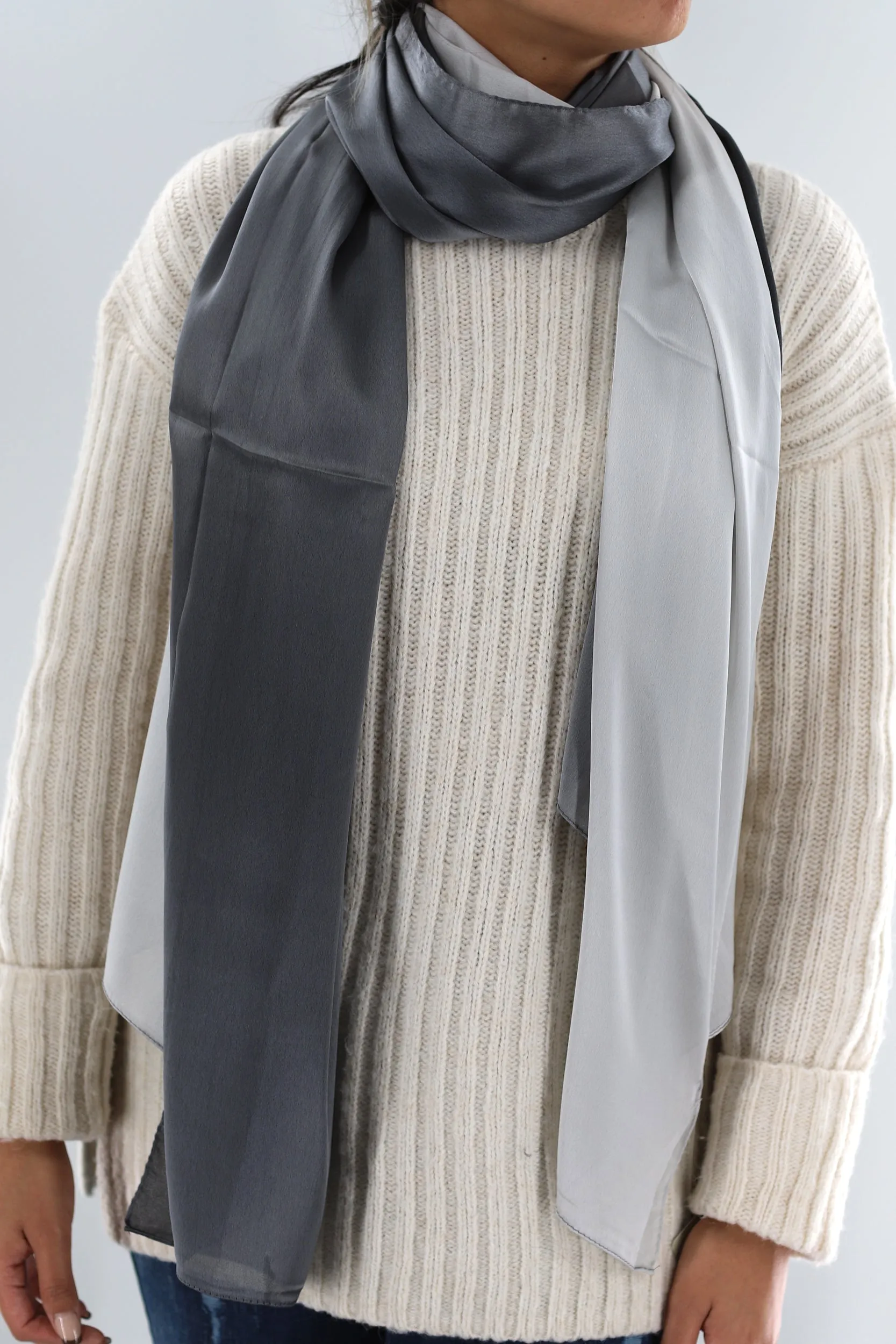 La Fiorentina Satin Soft Ombre Scarf - Light Grey/Black