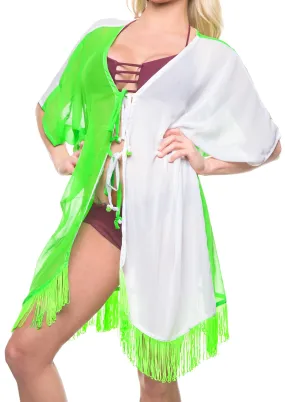 LA LEELA Kimono Cardigan Bikini Cover up jacket loose Beachwear Plain OSFM 14-18 [L-2X] White_Green